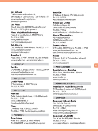 Las Salinas                                           Estación
C/ Almadraba de Monteleva s/n.                        C/ Calzada de Castro, 37. 04006 Almería
04150 Cabo de Gata (Almería) - Tel.: 950 37 01 03     Tel.: 950 26 72 39
www.lasalinascabodegata.com                           hostalestacion@hotmail.com
elmolesl@cajamar.es
                                                      Hostal Las Dunas
Los Arcos                                             Calle Barrio Nuevo,58.
Ctra.de Níjar, 157. 04130 El Alquián (Almería)        04150 Cabo de Gata (Almería)
Tel.: 950 29 76 03 - jjlc@cajamar.es                  Tel.: 950 37 00 72
Plaza Vieja Hotel & Lounge                            www.lasdunas.net - info@lasdunas.net
Plaza de la Constitución, 4. 04003 Almería            Hostal Manolo Cruz
Tel.: 950 28 20 96                                    Paseo Botica Retamar.
www.plazaviejahl.com                                  04131 Retamar (Almería)
reservas@plazaviejahl.com                             Tel.: 950 20 74 03
Sol Almería                                           Torrecárdenas
Ctra.Ronda,193. 04006 Almería. Tel.: 950 27 18 11     C/ Teruel,13. 04009 Almería. Tel.: 950 14 27 06
www.hotelsolalmeria.net                               www.pensiontorrecardenas.com
info@hotelsolalmeria.es                               pensiontorrecardenas@hotmail.com
Torreluz II                                           Navas
Plaza Flores, 6. 04001 Almería - Tel.: 950 23 43 99   C/ Iglesia, 3. 04150 Cabo de Gata (Almería)
www.torreluz.com - recepcion@torreluz.es              Tel.: 950 37 01 02
                                                      www.barnavas.com
  > HOTELES 1*
                                                                                                        15
Sevilla                                                > APARTAHOTELES
C/ Granada, 25. 04003 Almería - Tel.: 950 23 00 09    Apartahoteles Torreluz
www.hotelsevillaalmeria.com                           Plaza Flores ,6 Edificio. 04001 Almería
reservas@hotelsevillaalmeria.net                      Tel.: 950 23 43 99
                                                      www.torreluz.es
  > HOSTALES 2*                                       torreluz@torreluz.es
Delfín Verde
C/ García Cañas, 2. 04007 Almería                      > ALBERGUES JUVENILES
Tel.: 950 26 79 27                                    Instalación Juvenil de Almería
                                                      C/ Isla de Fuenteventura s/n. 04007 Almería
  > HOSTALES 1*                                       Tel.: 950 17 51 36
Maribel                                               almeria.itj@juntadeandalucia.es
Avda. Federico García Lorca,153. 04005 Almería
Tel.: 950 23 51 73                                     > CAMPINGS
www.hostalmaribel.es                                  Camping Cabo de Gata
hostalmaribel@telefonica.net                          Ctra. Cabo de Gata s/n.
Nixar                                                 04150 Cabo de Gata (Almería)
C/ Antonio Vico, 24. 04003 Almería                    Tel.: 950 16 04 43
Tel.: 950 23 72 55 - hostalnixar@hotmail.com          www.campingcabodegata.com
                                                      info@campingcabodegata.com
  > PENSIONES                                         Camping La Garrofa
Americano                                             Ctra.N.340, km 435. 04002 Almería
Avda. de la Estación, 6. 04005 Almería                Tel.: 950 23 57 70
Tel.: 950258011 - www.hostaldealmeria.com             www.lagarrofa.com - info@lagarrofa.com
 