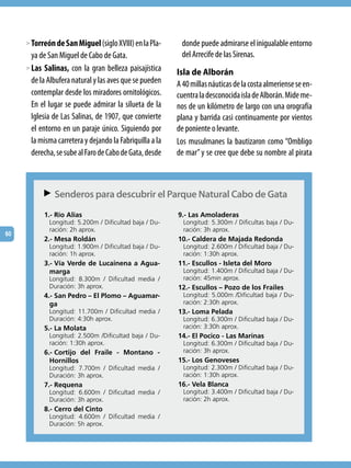 > Torreón de San Miguel (siglo XVIII) en la Pla-      donde puede admirarse el inigualable entorno
       ya de San Miguel de Cabo de Gata.                   del Arrecife de las Sirenas.
     > Las Salinas, con la gran belleza paisajística
                                                          Isla de Alborán
       de la Albufera natural y las aves que se pueden    A 40 millas náuticas de la costa almeriense se en-
       contemplar desde los miradores ornitológicos.      cuentra la desconocida isla de Alborán. Mide me-
       En el lugar se puede admirar la silueta de la      nos de un kilómetro de largo con una orografía
       Iglesia de Las Salinas, de 1907, que convierte     plana y barrida casi continuamente por vientos
       el entorno en un paraje único. Siguiendo por       de poniente o levante. 
       la misma carretera y dejando la Fabriquilla a la   Los musulmanes la bautizaron como “Ombligo
       derecha, se sube al Faro de Cabo de Gata, desde    de mar” y se cree que debe su nombre al pirata



            Senderos para descubrir el Parque Natural Cabo de Gata
           AA
           1.- Río Alías                                  9.- Las Amoladeras
             Longitud: 5.200m / Dificultad baja / Du-       Longitud: 5.300m / Dificultas baja / Du-
             ración: 2h aprox.                              ración: 3h aprox.
60
           2.- Mesa Roldán                                10.- Caldera de Majada Redonda
             Longitud: 1.900m / Dificultad baja / Du-       Longitud: 2.600m / Dificultad baja / Du-
             ración: 1h aprox.                              ración: 1:30h aprox.
           3.- Vía Verde de Lucainena a Agua-             11.- Escullos - Isleta del Moro
             marga                                          Longitud: 1.400m / Dificultad baja / Du-
             Longitud: 8.300m / Dificultad media /          ración: 45min aprox.
             Duración: 3h aprox.                          12.- Escullos – Pozo de los Frailes
           4.- San Pedro – El Plomo – Aguamar-              Longitud: 5.000m /Dificultad baja / Du-
             ga                                             ración: 2:30h aprox.
             Longitud: 11.700m / Dificultad media /       13.- Loma Pelada
             Duración: 4:30h aprox.                         Longitud: 6.300m / Dificultad baja / Du-
           5.- La Molata                                    ración: 3:30h aprox.
             Longitud: 2.500m /Dificultad baja / Du-      14.- El Pocico - Las Marinas
             ración: 1:30h aprox.                           Longitud: 6.300m / Dificultad baja / Du-
           6.- Cortijo del Fraile - Montano -               ración: 3h aprox.
             Hornillos                                    15.- Los Genoveses
             Longitud: 7.700m / Dificultad media /          Longitud: 2.300m / Dificultad baja / Du-
             Duración: 3h aprox.                            ración: 1:30h aprox.
           7.- Requena                                    16.- Vela Blanca
             Longitud: 6.600m / Dificultad media /          Longitud: 3.400m / Dificultad baja / Du-
             Duración: 3h aprox.                            ración: 2h aprox.
           8.- Cerro del Cinto
             Longitud: 4.600m / Dificultad media /
             Duración: 5h aprox.
 