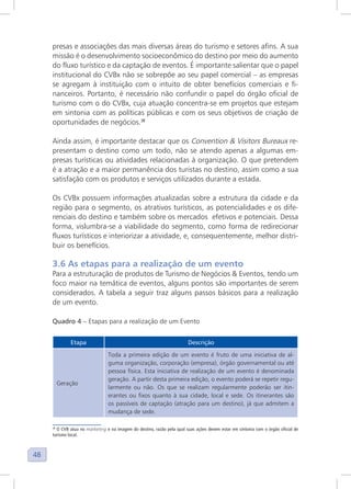 48
presas e associações das mais diversas áreas do turismo e setores afins. A sua
missão é o desenvolvimento socioeconômico do destino por meio do aumento
do fluxo turístico e da captação de eventos. É importante salientar que o papel
institucional do CVBx não se sobrepõe ao seu papel comercial – as empresas
se agregam à instituição com o intuito de obter benefícios comerciais e fi-
nanceiros. Portanto, é necessário não confundir o papel do órgão oficial de
turismo com o do CVBx, cuja atuação concentra-se em projetos que estejam
em sintonia com as políticas públicas e com os seus objetivos de criação de
oportunidades de negócios.38
Ainda assim, é importante destacar que os Convention & Visitors Bureaux re-
presentam o destino como um todo, não se atendo apenas a algumas em-
presas turísticas ou atividades relacionadas à organização. O que pretendem
é a atração e a maior permanência dos turistas no destino, assim como a sua
satisfação com os produtos e serviços utilizados durante a estada.
Os CVBx possuem informações atualizadas sobre a estrutura da cidade e da
região para o segmento, os atrativos turísticos, as potencialidades e os dife-
renciais do destino e também sobre os mercados efetivos e potenciais. Dessa
forma, vislumbra-se a viabilidade do segmento, como forma de redirecionar
fluxos turísticos e interiorizar a atividade, e, consequentemente, melhor distri-
buir os benefícios.
3.6 As etapas para a realização de um evento
Para a estruturação de produtos de Turismo de Negócios & Eventos, tendo um
foco maior na temática de eventos, alguns pontos são importantes de serem
considerados. A tabela a seguir traz alguns passos básicos para a realização
de um evento.
Quadro 4 – Etapas para a realização de um Evento
Etapa Descrição
Geração
Toda a primeira edição de um evento é fruto de uma iniciativa de al-
guma organização, corporação (empresa), órgão governamental ou até
pessoa física. Esta iniciativa de realização de um evento é denominada
geração. A partir desta primeira edição, o evento poderá se repetir regu-
larmente ou não. Os que se realizam regularmente poderão ser itin-
erantes ou fixos quanto à sua cidade, local e sede. Os itinerantes são
os passíveis de captação (atração para um destino), já que admitem a
mudança de sede.
38
O CVB atua no marketing e na imagem do destino, razão pela qual suas ações devem estar em sintonia com o órgão oficial de
turismo local.
 