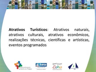 Atrativos Turísticos: Atrativos naturais,
atrativos culturais, atrativos econômicos,
realizações técnicas, científicas e artísticas,
eventos programados
 