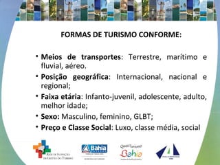 FORMAS DE TURISMO CONFORME:
• Meios de transportes: Terrestre, marítimo e
fluvial, aéreo.
• Posição geográfica: Internacional, nacional e
regional;
• Faixa etária: Infanto-juvenil, adolescente, adulto,
melhor idade;
• Sexo: Masculino, feminino, GLBT;
• Preço e Classe Social: Luxo, classe média, social
 