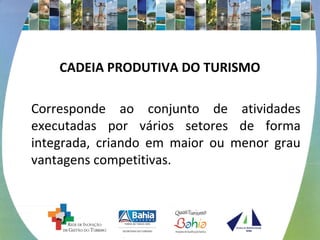 CADEIA PRODUTIVA DO TURISMO
Corresponde ao conjunto de atividades
executadas por vários setores de forma
integrada, criando em maior ou menor grau
vantagens competitivas.
 