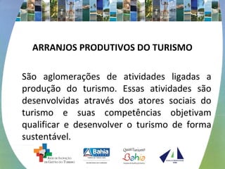 ARRANJOS PRODUTIVOS DO TURISMO
São aglomerações de atividades ligadas a
produção do turismo. Essas atividades são
desenvolvidas através dos atores sociais do
turismo e suas competências objetivam
qualificar e desenvolver o turismo de forma
sustentável.
 