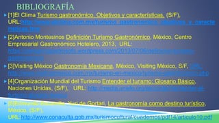 BIBLIOGRAFÍA
[1]El Clima Turismo gastronómico. Objetivos y características, (S/F),
URL:http://www.elclima.com.mx/turismo_gastronomico_objetivos_y_caracte
risticas.htm
[2]Antonio Montesinos Definición Turismo Gastronómico, México, Centro
Empresarial Gastronómico Hotelero, 2013, URL:
https://peregrinogastrosofo.wordpress.com/2013/07/06/definicion-turismo-
gastronomico/
[3]Visiting México Gastronomía Mexicana, México, Visiting México, S/F, URL:
http://www.visitingmexico.com.mx/turismo-en-mexico/turismo-gastronomico.php
[4]Organización Mundial del Turismo Entender el turismo: Glosario Básico,
Naciones Unidas, (S/F), URL: http://media.unwto.org/es/content/entender-el-
turismo-glosario-basico
[5]Edmundo Escamilla, Yuri de Gortari, La gastronomía como destino turístico,
México, (S/F),
URL:http://www.conaculta.gob.mx/turismocultural/cuadernos/pdf14/articulo10.pdf
 