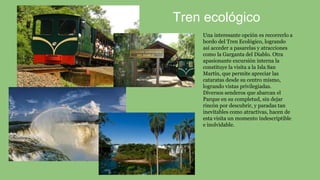 Una interesante opción es recorrerlo a
bordo del Tren Ecológico, logrando
así acceder a pasarelas y atracciones
como la Garganta del Diablo. Otra
apasionante excursión interna la
constituye la visita a la Isla San
Martín, que permite apreciar las
cataratas desde su centro mismo,
logrando vistas privilegiadas.
Diversos senderos que abarcan el
Parque en su completud, sin dejar
rincón por descubrir, y paradas tan
inevitables como atractivas, hacen de
esta visita un momento indescriptible
e inolvidable.
Tren ecológico
 
