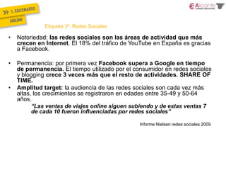 Etiqueta 3ª: Redes SocialesNotoriedad: las redes sociales son las áreas de actividad que más crecen en Internet. El 18% del tráfico de YouTube en España es gracias a Facebook.