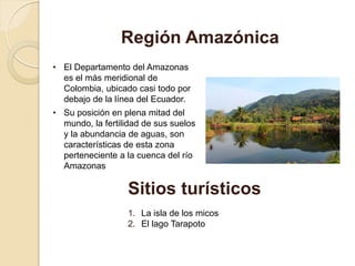 • El Departamento del Amazonas
es el más meridional de
Colombia, ubicado casi todo por
debajo de la línea del Ecuador.
• Su posición en plena mitad del
mundo, la fertilidad de sus suelos
y la abundancia de aguas, son
características de esta zona
perteneciente a la cuenca del río
Amazonas
Región Amazónica
1. La isla de los micos
2. El lago Tarapoto
Sitios turísticos
 