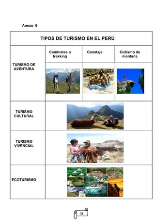 38
Anexo 6
TIPOS DE TURISMO EN EL PERÚ
TURISMO DE
AVENTURA
Caminatas o
trekking
Canotaje Ciclismo de
montaña
TURISMO
CULTURAL
TURISMO
VIVENCIAL
ECOTURISMO
 