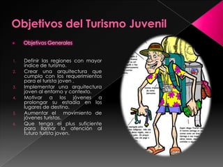 Objetivos del Turismo Juvenil       Objetivos Generales Definir las regiones con mayor índice de turismo.Crear una arquitectura que cumpla con los requerimientos  para el turista joven .Implementar una arquitectura joven al entorno y contexto.Motivar a los jóvenes a prolongar su estadía en los lugares de destino.Aumentar el  movimiento de jóvenes turistas.Que tenga el plus suficiente para llamar la atención al futuro turista joven.