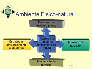 Ambiente Físico-natural
                  Escassez de
                 matérias-primas



                  Fatores que
  Estratégias      afetam o         Aumento da
ambientalmente   ambiente físico-    poluição
 sustentáveis       natural



                 Intervenção do
                     governo
                                    13
 
