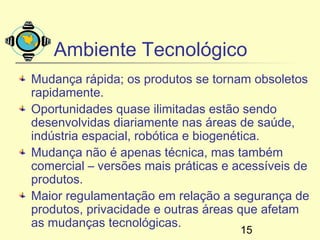 Ambiente Tecnológico
Mudança rápida; os produtos se tornam obsoletos
rapidamente.
Oportunidades quase ilimitadas estão sendo
desenvolvidas diariamente nas áreas de saúde,
indústria espacial, robótica e biogenética.
Mudança não é apenas técnica, mas também
comercial – versões mais práticas e acessíveis de
produtos.
Maior regulamentação em relação a segurança de
produtos, privacidade e outras áreas que afetam
as mudanças tecnológicas.
                                    15
 