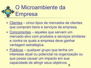O Microambiente da
   Empresa
Clientes – cinco tipos de mercados de clientes
que compram bens e serviços da empresa.
Concorrentes – aqueles que servem um
mercado-alvo com produtos e serviços similares
e contra os quais a empresa deve ganhar
vantagem estratégica.
Públicos – qualquer grupo que tenha um
interesse atual ou potencial na organização ou
que possa causar um impacto em sua
capacidade de atingir seus objetivos.
                                   5
 