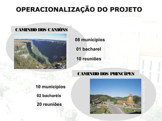 OPERACIONALIZAÇÃO DO PROJETO
CAMINHO DOS CANIÔNS
Fonte:www.sol.sc.gov.br
08 municípios
01 bacharel
10 reuniões
CAMINHO DOS PRINCÍPES
10 municípios
02 bacharéis
20 reuniões
Fonte:www.sol.sc.gov.br
 