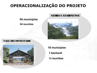 OPERACIONALIZAÇÃO DO PROJETO
SERRA CATARINENSE
Fonte:www.sol.sc.gov.br
04 municípios
04 reuniões
VALE DO CONTESTADO
10 municípios
1 bacharel
13 reuniões
Fonte:www.sol.sc.gov.br
 