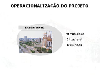 OPERACIONALIZAÇÃO DO PROJETO
GRANDE OESTE
10 municípios
01 bacharel
17 reuniões
Fonte:www.sol.sc.gov.br
 