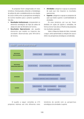 As propostas foram categorizadas em eixos              •    Atividades: categoriza e agrupa as propostas
temáticos, hierarquizadas utilizando a metodologia                de ação que irão impactar os resultados
de adição de valor e estabelecendo-se uma relação                 operacionais.
de causa e efeito entre as perspectivas estratégicas         •    suporte: categoriza e agrupa as propostas de
do turismo brasileiro para o próximo quadriênio.                  ação que darão suporte e sustentabilidade às
São elas:                                                         atividades.
•   Resultados Institucionais: compreendem os                        Os eixos temáticos, por sua vez, foram
    elementos estratégicos do topo da cadeia de              divididos em ações de suporte e atividades, de
    adição de valor do Ministério do Turismo.                forma a tornar mais clara a influência das propostas
•   Resultados Operacionais: são aqueles                     nos resultados esperados.
    elementos que medem os impactos das                              Sobre o Mapa de Adição de Valor, mostrado
    atividades desenvolvidas pelo Ministério                 a seguir, serão apresentadas as relações de causa e
    do Turismo.                                              efeito nas perspectivas estratégicas consideradas.




    fIgURA 1 - MAPA DE ADIçãO DE VAlOR




            REsUlTADOs
                                         EMPREGO E RENDA      DESENVOLVIMENTO SUSTENTÁVE       DIVISAS
        INsTITUCIONAIs




            REsUlTADOs
                                 VOLUME NACIONAL     VOLUME INTERNACIONAL        QUALIDADE DO PRODUTO TURÍSTICO
    OPERACIONAIs (IMPACTOs)




                                                   ESTRUTURAÇÃO E DIVERSIFICAÇÃO DA OFERTA
            ATIVIDADEs

                                         PROMOÇÃO, MARKETING E ApOIO à COMECIALIzAçãO        FOMENTO




                                         INFRA-ESTURUTRA     LOGÍSTICA DE TRANSPORTES    QUALIFICAÇÃO
             sUPORTE
                                                   INFORMAÇÃO        PLANEJAMENTO E GESTÃO




      O quadro a seguir consolida as 25                     temáticos de acordo com as perspectivas
propostas relativas aos oito diferentes eixos                estratégicas de atividade e suporte.




                                                       09
 