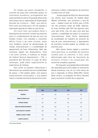Em relação aos países emergentes, o                       americana e afetar o desempenho da economia
aumento do preço das commodity ajudou no                         mundial como um todo.
crescimento econômico, principalmente dos                                   A preocupação do FED já foi demonstrada
países da América Latina. O que pode afetar ainda                nas últimas duas reuniões do Federal Open
estes preços são as negociações da Organização                   Market Committee, que aumentou a taxa de
Mundial do Comércio – OMC, que definiu                           juros – Federal Funds de 4,25% para 4,75%
203 como ano limite para o fim do subsídio à                    nos três primeiros meses de 2006. Ademais,
exportação agrícola em todas as suas formas.                     os sinais emitidos pelo FED não apontam para
       Um outro f a t o r q u e p o d e r á a f e t a r o        uma taxa limite, mas sim para uma taxa que
desempenho da economia mundial nos próximos                      sustente a estabilidade de preços na economia
anos é o comportamento da taxa de juros nos                      norte-americana.       Desta     forma,     dependendo
Estados Unidos. Com elevados e crescentes                        da durabilidade da trajetória de aumento da
déficits fiscais e de conta corrente, existe                     taxa de juros norte-americana, o desempenho
uma tendência natural da desvalorização da                       da economia mundial poderá ser afetado nos
moeda norte-americana e a possibilidade de                       próximos anos.
aparecimento de focos inflacionários. Além das                          Além desses fatores ligados à economia
incertezas ligadas aos desequilíbrios, fiscal                    norte-americana, os resultados da economia
e de conta corrente, a mudança na direção                        mundial para os próximos 4 anos serão
do Federal Reserve Departament – FED, o                          determinados pelo ritmo de crescimento da
presidente Ben Bernanke no lugar de Allan                        e c o n o m i a c h i n e s a e d a re c u p e r a ç ã o das
Greenspan, pode afetar negativamente as                          economias européia e japonesa.
expectativas de inflação.                                               Por enquanto, as projeções (Banco Mundial)
       Para conter as pressões inflacionárias e                  têm apontado para continuidade no crescimento
demonstrar o seu compromisso com a estabilidade                  dessas economias, mas em um ritmo menor do
de preços, o FED poderá adotar uma postura                       que o registrado no biênio 2004-2005. Diante
excessivamente conservadora, o que poderá                        deste cenário, as projeções do Banco Mundial
reduzir o nível de crescimento da economia norte-                para a economia mundial são as seguintes:



                                TABElA 2 - PROJEçãO PARA A ECONOMIA MUNDIAl (%)

              VARIAçãO PIB REAl                 2004                 2005                 2006                2007


                   MUNDIAl                       3,8                  3,2                 3,2                  3,3


             PAísEs DE RENDA AlTA                3,1                  2,5                 2,5                  2,7


               EsTADOs UNIDOs                    4,2                  3,5                 3,5                  3,6


         PAísEs EM DEsENVOlVIMENTO               6,8                  5,9                 5,7                  5,5


           lEsTE AsIÁTICO E PACífICO             8,3                  7,8                 7,6                  7,4


           AMéRICA lATINA E CARIBE               5,8                  4,5                 3,9                  3,6


               sUDEsTE AsIÁTICO                  6,8                  6,9                 6,4                  6,3


Fonte: Banco Mundial




                                                            5
 