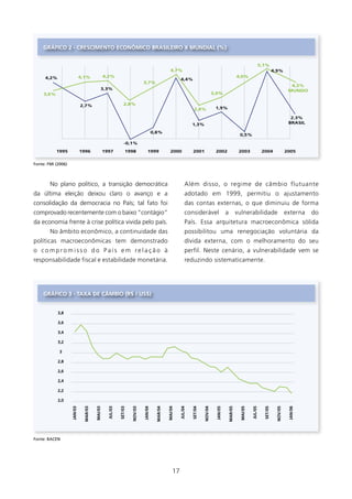 gRÁfICO 2 - CREsCIMENTO ECONôMICO BRAsIlEIRO X MUNDIAl (%)


                                                                                                                                                                               5,1%
                                                                                                  4,7%                                                                                    4,9%
     4,2%                    4,1%               4,2%                                                                                                        4,0%
                                                                                                          4,4%
                                                                             3,7%
                                                                                                                                                                                                      4,3%
                                            3,3%                                                                                                                                                     MUNDO
     3,6%                                                                                                                            3,0%

                             2,7%                              2,8%
                                                                                                                     2,4%             1,9%

                                                                                                                                                                                                      2.3%
                                                                                                                   1,3%                                                                              BRAsIl

                                                                                      0,8%
                                                                                                                                                             0,5%

                                                               -0,1%
            1995             1996               1997            1998             1999             2000             2001               2002                   2003               2004                2005


Fonte: FMI (2006)



        No plano político, a transição democrática                                                             Além disso, o regime de câmbio flutuante
da última eleição deixou claro o avanço e a                                                                    adotado em 999, permitiu o ajustamento
consolidação da democracia no País; tal fato foi                                                               das contas externas, o que diminuiu de forma
comprovado recentemente com o baixo “contágio”                                                                 considerável                    a            vulnerabilidade                         externa   do
da economia frente à crise política vivida pelo país.                                                          País. Essa arquitetura macroeconômica sólida
        No âmbito econômico, a continuidade das                                                                possibilitou uma renegociação voluntária da
políticas macroeconômicas tem demonstrado                                                                      dívida externa, com o melhoramento do seu
o compromisso do País em relação à                                                                             perfil. Neste cenário, a vulnerabilidade vem se
responsabilidade fiscal e estabilidade monetária.                                                              reduzindo sistematicamente.




    gRÁfICO 3 - TAXA DE CâMBIO (R$ / Us$)


            3,8

            3,6

            3,4

            3,2

             3

            2,8

            2,6

            2,4

            2,2

            2,0
                    JAN/03

                              MAR/03

                                       MAI/03

                                                  JUl/03

                                                           sET/03

                                                                    NOV/03

                                                                             JAN/04

                                                                                       MAR/04

                                                                                                MAI/04

                                                                                                          JUl/04

                                                                                                                   sET/04

                                                                                                                            NOV/04

                                                                                                                                      JAN/05

                                                                                                                                                   MAR/05

                                                                                                                                                             MAI/05

                                                                                                                                                                      JUl/05

                                                                                                                                                                                 sET/05

                                                                                                                                                                                           NOV/05

                                                                                                                                                                                                     JAN/06




Fonte: BACEN




                                                                                                     7
 