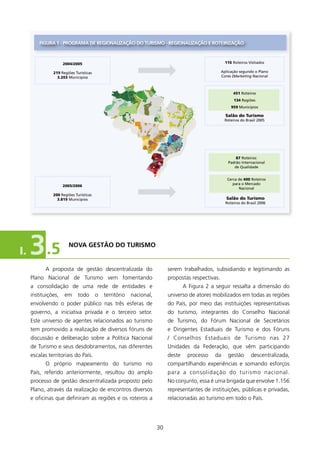 fIgURA 1 - PROgRAMA DE REgIONAlIzAçãO DO TURIsMO - REgIONAlIzAçãO E ROTEIRIzAçãO



                     2004/2005                                                                                                          116 roteiros Visitados

               219 regiões Turísticas                                                                                               Aplicação segundo o Plano
                 3.203 Municípios                                                                                                   Cores (Marketing Nacional


                                                          RR


                                                                                                                                             451 roteiros
                                                                          AP
                                                                          AP




                                                                                                                                             134 regiões
                                                                                                                                           959 Municípios
                                                    AM              PA
                                                     M                                                                   RN
                                                                                                               CE
                                                                                                               CE
                                                                                                 MA                       PB

                                              AC

                                                         RO
                                                                                                          PI
                                                                                                          P                   PE
                                                                                                                                        Salão do turismo
                                                                                                                         AL
                                                                                TO
                                                                                 O
                                                                                                      BA            SE
                                                                                                                                        roteiros do Brasil 2005
                                                                                                       A



                                                                     MT

                                                                                          DF
                                                                                          DF


                                                                                 GO
                                                                                 GO

                                                                                                MG
                                                                                                MG
                                                                     MS
                                                                     MS
                                                                                                               ES
                                                                                          SP
                                                                                          SP

                                                                                                     RJ


                                                                                PR
                                                                                PR                                                            87 roteiros:
                                                                                     SC
                                                                                     SC                                                   Padrão Internacional
                                                                           RS
                                                                           RS                                                                de qualidade


                                                                                                                                         Cerca de 400 roteiros
                                                                                                                                            para o Mercado
                     2005/2006
                                                                                                                                               Nacional
               200 regiões Turísticas
                 3.819 Municípios                                                                                                        Salão do turismo
                                                                                                                                        roteiros do Brasil 2006




I.   3 .5              NOVA gEsTãO DO TURIsMO


           A proposta de gestão descentralizada do                                             serem trabalhados, subsidiando e legitimando as
     Plano Nacional de Turismo vem fomentando                                                  propostas respectivas.
     a consolidação de uma rede de entidades e                                                                 A Figura 2 a seguir ressalta a dimensão do
     instituições,   em      todo       o   território        nacional,                        universo de atores mobilizados em todas as regiões
     envolvendo o poder público nas três esferas de                                            do País, por meio das instituições representativas
     governo, a iniciativa privada e o terceiro setor.                                         do turismo, integrantes do Conselho Nacional
     Este universo de agentes relacionados ao turismo                                          de Turismo, do Fórum Nacional de Secretários
     tem promovido a realização de diversos fóruns de                                          e Dirigentes Estaduais de Turismo e dos Fóruns
     discussão e deliberação sobre a Política Nacional                                         / Conselhos Estaduais de Turismo nas 27
     de Turismo e seus desdobramentos, nas diferentes                                          Unidades da Federação, que vêm participando
     escalas territoriais do País.                                                             deste                processo       da    gestão        descentralizada,
           O próprio mapeamento do turismo no                                                  compartilhando experiências e somando esforços
     País, referido anteriormente, resultou do amplo                                           para a consolidação do turismo nacional.
     processo de gestão descentralizada proposto pelo                                          No conjunto, essa é uma brigada que envolve .56
     Plano, através da realização de encontros diversos                                        representantes de instituições, públicas e privadas,
     e oficinas que definiram as regiões e os roteiros a                                       relacionadas ao turismo em todo o País.




                                                                                 30
 