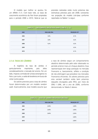 O modelo que melhor se ajustou foi                            previsões realizadas estão muito próximas das
um ARMA (,). Com base nele, as taxas de                           estimativas previstas para até 2008, constantes
crescimento econômico do País foram projetadas                      nas projeções do modelo Link-Ipea conforme
para o período 2006 a 200. Note-se que as                          reportados na Tabela  a seguir.




                            TABElA 1 – CREsCIMENTO PROJETADO PARA O PIB (% a. a.)

                  ANO                                  ONU/lINk IPEA                         PROJEçãO CET


                  2006                                      3,9%                                 4,1%


                  2007                                      3,9%                                 4,2%


                  2008                                      4,2%                                 4,2%


                  2009                                        -                                  4,2%


                  2010                                        -                                  4,1%




2.1.4. TAXA DE CâMBIO                                               a taxa de câmbio segue um comportamento
                                                                    aleatório determinado pelo valor observado no
      A    trajetória     da   taxa    de     câmbio    é           período anterior mais um choque aleatório. Essa
particularmente          importante,        pois   afeta            representação tem larga aceitação no mercado
consideravelmente o mercado de turismo. Por um                      financeiro e, basicamente, reflete a condição
lado, impacta a entrada de turistas estrangeiros no                 de não arbitragem que prevalece nos mercados
País e, por outro, a saída de brasileiros em busca de               financeiros eficientes. Os valores previstos para
visitar outros países.                                              esta variável também estão bem próximos
      Os valores previstos para a taxa de câmbio                    daqueles divulgados pelo IPEA, por meio do
foram determinados por um modelo random                             ONU / LINk, até o ano de 2008, conforme
walk. Essencialmente, esse modelo assume que                        demonstrado na Tabela 2 abaixo.




                                TABElA 2 – TAXA DE CâMBIO PROJETADA (R$/Us$)

                  ANO                                  ONU/lINk IPEA                         PROJEçãO CET


                  2006                                      2,50%                                2,30%


                  2007                                      2,40%                                2,40%


                  2008                                      2,60%                                2,50%


                  2009                                        -                                  2,60%


                  2010                                        -                                  2,60%




                                                            68
 
