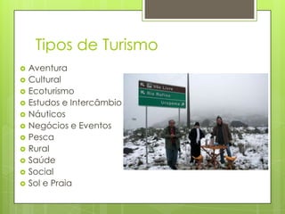 Tipos de Turismo
 Aventura
 Cultural
 Ecoturismo
 Estudos e Intercâmbio
 Náuticos
 Negócios e Eventos
 Pesca
 Rural
 Saúde
 Social
 Sol e Praia
 