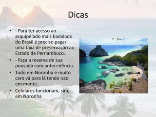 Dicas
• - Para ter acesso ao
arquipélado mais badalado
do Brasil é preciso pagar
uma taxa de preservação ao
Estado de Pernambuco.
• - Faça a reserva de sua
pousada com antecedência.
• Tudo em Noronha é muito
caro vá para lá tendo isso
em mente.
• Celulares funcionam, sim,
em Noronha
 
