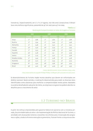 28 |




tiveram-se, respectivamente, em 1º, 2º e 3º lugares, nos três anos consecutivos. O Brasil
teve uma melhora significativa, passando de 59º em 2007 para 45º em 2009.
                                                                                               Tabela 2.2
                                  Ranking de Competitividade no Setor de Viagens e Turismo

                                2007                          2008                      2009
                        Posição        Pontuação    Posição      Pontuação    Posição      Pontuação

 Suíça                     1º            5,66         1º             5,63       1º              5,68
 Áustria                   2º            5,54         2º             5,43       2º              5,46
 Alemanha                  3º            5,48         3º             5,41       3º              5,41
 França                   12º            5,23        10º             5,23       4º              5,34
 Canadá                    7º            5,31         9º             5,26       5º              5,32
 Espanha                  15º            5,18         5º             5,3        6º              5,29
 Suécia                   17º            5,13         8º             5,27       7º              5,28
 Estados Unidos            5º            5,43         7º             5,28       8º              5,28
 Austrália                13º            5,21         4º             5,34       9º              5,24
 Singapura                 8º            5,31        16º             5,06      10º              5,24
 Brasil                   59º            4,20        49º             4,29      45º              4,35

                                                    Fonte: World Economic Forum, Genebra, Suíça, 2009,
                  http://www.weforum.org/pdf/TTCR09/TTCR09_FullReport.pdf, acessado em 26/02/2010.


O desenvolvimento do Turismo impõe muitos desafios que devem ser enfrentados em
âmbito nacional. Neste sentido, o ranking foi desenvolvido para medir os diversos itens
identificados como alavancas para melhorar a competitividade nestes países. Baseados
na análise detalhada de cada pilar do índice, as empresas e os governos podem abordar os
desafios para o crescimento do setor.




                                                   1.3 Turismo no Brasil


A partir do esforço empreendido pelo governo federal em parceria com a iniciativa pri-
vada, da prioridade dada ao setor e da implementação da Política Nacional de Turismo, a
atividade vem alcançando números crescentes nos últimos anos. A execução dos progra-
mas e ações, aliada à eficiente execução orçamentária, fizeram frente a conjunturas des-
 
