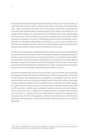 32 |




A dimensão do mercado de trabalho do Turismo pode ser aferida, com maior precisão, por
meio de estudos que vêm sendo realizados pelo Instituto de Pesquisa Econômica Apli-
cada – IPEA, em parceria com o MTur. Com esses estudos, o Brasil tem se destacado nas
discussões internacionais sobre a metodologia das contas satélites. No entanto, sua uti-
lização ainda é limitada, em razão da falta de correspondência com o cálculo empregado
em outros países. Por este motivo, o conceito não é adotado para a meta do PNT relativa
à geração de ocupação no Turismo. A metodologia internacionalmente adotada, que cor-
responde aos indicadores apresentados nos Gráficos 3.1, 3.2 e 3.3 acima, identifica o to-
tal de pessoas ocupadas nas ACTs, sem levar em consideração o percentual desses traba-
lhadores que prestam serviços somente a residentes e não a turistas.


Por meio do referido estudo, a metodologia do IPEA adota o percentual de trabalhadores
que atendem exclusivamente a turistas. Por sua especificidade, a metodologia acaba sen-
do mais precisa para dimensionar a real evolução do setor e a importância socioeconômi-
ca da atividade. As ACTs consideradas são Alojamento, Transportes, Alimentação, Agência
de Viagem, Aluguel de Transportes, Auxiliar de Transportes, Cultura e Lazer. A distorção é
mais evidente nas atividades Alimentação e Cultura e Lazer, nas quais apenas uma peque-
na parcela do total de ocupados está associada à demanda de turistas.


Os estudos elaborados pelo IPEA, com o apoio do MTur, indicam, também, que a proporção
da ocupação formal e informal varia sensivelmente nas ACTs e que, quando consideradas
em seu conjunto, cada emprego formal corresponde a 1,3 ocupações informais. Essa re-
lação foi obtida com base nos dados da PNAD de 2008. Em decorrência desta atualização,
e maior precisão da relação entre as ocupações formais e informais do Turismo, propõe-
se, a partir do ano de 2010, um ajuste no conceito deste indicador utilizado como meta
do PNT 2007/2010 e também para as projeções respectivas dos cenários neste trabalho.
Assim, a partir deste ano, a relação entre empregos formais e empregos informais passa
a ser de 1 para 1,38 . Espera-se que esta relação possa ser reduzida nos próximos anos,
mas optou-se por mantê-la neste patamar, considerando também que o aumento total de
ocupações será equivalente, transferindo empregos informais para formais no decorrer
do período.




8
 Neste caso, o multiplicador para o número total de empregos e ocupações com base no número de empregos for-
mais é de 2,3 (empregos totais = 1emprego formal + 1,3 empregos informais)
 