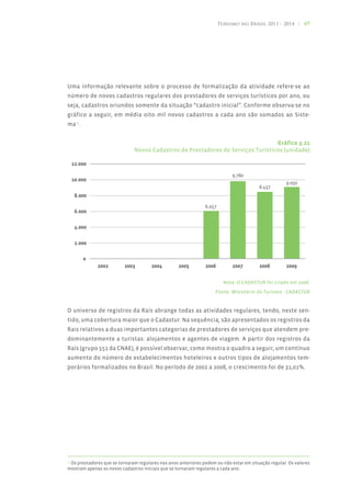 Turismo no Brasil 2011 - 2014 | 49




Uma informação relevante sobre o processo de formalização da atividade refere-se ao
número de novos cadastros regulares dos prestadores de serviços turísticos por ano, ou
seja, cadastros oriundos somente da situação “cadastro inicial”. Conforme observa-se no
gráfico a seguir, em média oito mil novos cadastros a cada ano são somados ao Siste-
ma13.


                                                                                 Gráfico 3.21
                              Novos Cadastros de Prestadores de Serviços Turísticos (unidade)




                                                                       Nota: O CADASTUR foi criado em 2006.
                                                                    Fonte: Ministério do Turismo - CADASTUR


O universo de registros da Rais abrange todas as atividades regulares, tendo, neste sen-
tido, uma cobertura maior que o Cadastur. Na sequência, são apresentados os registros da
Rais relativos a duas importantes categorias de prestadores de serviços que atendem pre-
dominantemente a turistas: alojamentos e agentes de viagem. A partir dos registros da
Rais (grupo 551 da CNAE), é possível observar, como mostra o quadro a seguir, um contínuo
aumento do número de estabelecimentos hoteleiros e outros tipos de alojamentos tem-
porários formalizados no Brasil. No período de 2002 a 2008, o crescimento foi de 31,01%.




 Os prestadores que se tornaram regulares nos anos anteriores podem ou não estar em situação regular. Os valores
13

mostram apenas os novos cadastros iniciais que se tornaram regulares a cada ano.
 