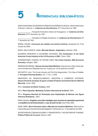 5                        REFERENCIAIS BIBLIOGRÁFICOS
BANCO NACIONAL DE DESENVOLVIMENTO ECONÔMICO E SOCIAL. Marinha Mercante:
O Brasil e o Mundo. In: Cadernos de Infra-Estrutura. Nº 5, Novembro de 1998.

______________. Transporte Hidroviário Urbano de Passageiros. In: Cadernos de Infra-
Estrutura. Nº13, Novembro de 1997.

______________. Transporte na Região Amazônica. In: Cadernos de Infra-Estrutura. Nº
7, Novembro de 1997.

BRASIL CRUISE. Consumos nas cidades com portos turísticos. Atualizado em 15 de
outubro de 2004.

BOHN, Átila & GARCIA, Walter. Mercado Náutico: diagnóstico. Salvador. 2004.

BUSINESS RESEARCH & ECONOMIC ADVISORS. The Contribution of the North
American Cruise Industry to the U.S Economy in 2003. Exton, 2004.

INTERNATIONAL COUNCIL OF CRUISE LINES. The Cruise Industry: 2003 Economic
Summary. Arlington, 2004.

MARINHA DO BRASIL. Normas da Autoridade Marítima. Disponível em https://www.dpc.
mar.mil.br/Normam/TabelaNormas.htm. Acesso em: 25 de setembro de 2005.

MCCARTHY, John. The Cruise Industry and Port City Regeneration: The Case of Valletta.
In: European Planning Studies. Vol. 11, No. 3, 2003.

MINISTÉRIO DO DESENVOLVIMENTO, INDÚSTRIA E COMÉRCIO EXTERIOR.
Desenvolvimento de Ações de apoio à Cadeia Produtiva da Indústria Naval e Marinha
Mercante. Junho, 2002

MTur. Inventário da Oferta Turística. 2004

MTur. Plano Aquarela: Marketing Turístico Internacional do Brasil. 2005

MTur. Programa Nacional de Orientação para Implantação de Marinas nas Águas
Interiores Brasileiras. 2003

PAIVA, Eduardo. A logística como fator estratégico para aumento da capacidade operacional
e competitiva em terminal portuário: o caso do porto de Ubu. Ouro Preto, 2004.

SAAB, Willian. Breve Panorama sobre o Mercado de Cruzeiros Marítimos. Disponível em
www.bndes.gov.br/conhecimento/setorial/get4is17.pdf Acesso em: 13 de setembro de 2005.

SECRETARÍA DE COMUNICACIONES Y TRANSPORTES, Y SECRETARÍA DE TURISMO.
Política Pública de Cruceros. México, 2004.




                                                                                      29
 