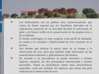 Características del turismo ornitológico.


   Los birdwatchers son un público muy conservacionista, que
    valora de forma especial que los beneficios derivados de la
    explotación comercial de su actividad favorita se reinviertan en
    parte y de forma visible en la conservación de las propias aves y
    de su hábitats.
   El turista ornitológico es muy exigente como perfil de demanda,
    en cuanto a la variedad o biodiversidad de aves existente en el
    destino.
   Son turistas que dedican la mayor parte de su tiempo a la
    observación de aves, pero que también están interesados en las
    características culturales y gastronómicas del destino.
   De acuerdo a su procedencia se puede encontrar a turistas
    ingleses, europeos, de otra procedencia internacional y turistas
    nacionales. Según su procedencia tienen unas características
    especiales, como por ejemplo, los ingleses, que tienen una gran
    tradición en la observación de aves.
 