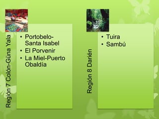 Región7Colón-GünaYala
• Portobelo-
Santa Isabel
• El Porvenir
• La Miel-Puerto
Obaldía
Región8Darién
• Tuira
• Sambú
 