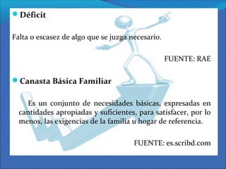 Déficit
Falta o escasez de algo que se juzga necesario.
FUENTE: RAE
Canasta Básica Familiar
Es un conjunto de necesidades básicas, expresadas en
cantidades apropiadas y suficientes, para satisfacer, por lo
menos, las exigencias de la familia u hogar de referencia.
FUENTE: es.scribd.com
 