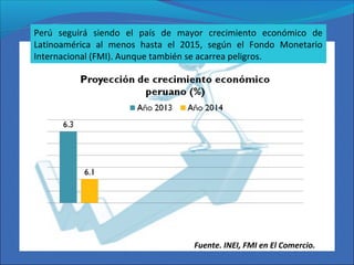 Perú seguirá siendo el país de mayor crecimiento económico de
Latinoamérica al menos hasta el 2015, según el Fondo Monetario
Internacional (FMI). Aunque también se acarrea peligros.
Fuente. INEI, FMI en El Comercio.
 