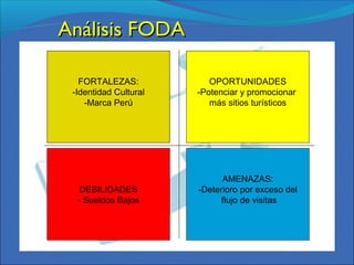FORTALEZAS:
-Identidad Cultural
-Marca Perú
OPORTUNIDADES
-Potenciar y promocionar
más sitios turísticos
DEBILIDADES
- Sueldos Bajos
AMENAZAS:
-Deterioro por exceso del
flujo de visitas
Análisis FODAAnálisis FODA
 