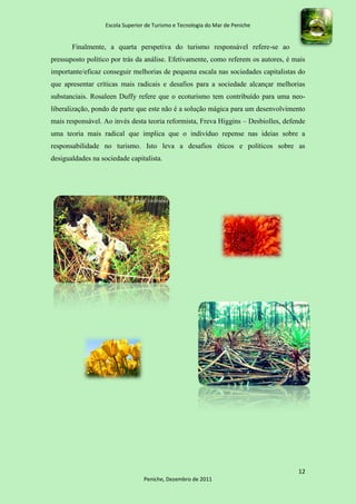 Escola Superior de Turismo e Tecnologia do Mar de Peniche


       Finalmente, a quarta perspetiva do turismo responsável refere-se ao
pressuposto político por trás da análise. Efetivamente, como referem os autores, é mais
importante/eficaz conseguir melhorias de pequena escala nas sociedades capitalistas do
que apresentar críticas mais radicais e desafios para a sociedade alcançar melhorias
substanciais. Rosaleen Duffy refere que o ecoturismo tem contribuído para uma neo-
liberalização, pondo de parte que este não é a solução mágica para um desenvolvimento
mais responsável. Ao invés desta teoria reformista, Freva Higgins – Desbiolles, defende
uma teoria mais radical que implica que o indivíduo repense nas ideias sobre a
responsabilidade no turismo. Isto leva a desafios éticos e políticos sobre as
desigualdades na sociedade capitalista.




                                                                                    12
                                  Peniche, Dezembro de 2011
 