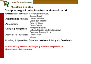 Cualquier negocio relacionado con el mundo rural:
Empresas de actividades, turismo y aventura.
                        Casona Rural
Alojamientos Rurales Hoteles Rurales
                        Casas con encanto
Agroturismo             Casa de Aldea
                        Casas Cueva
                        Albergues Rurales
Camping-Bungalows
                        Cabaña/Casa de Madera/Bungalow
                        Centro de Turismo Rural
Apartamentos Turísticos Cortijo Rural
                        Masías
Hoteles, Hospederías, Posadas, Hostales, Albergues, Pensiones

Enoturismo y Visitas a Bodegas y Museos, Empresas de
Enoturismo, Restaurantes
 