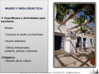 MUSEO Y ÁREA DIDÁCTICA:

 Casa-Museo y Actividades para
escolares:
-Museo

- Conocer la chufa y la horchata
- Huerto didáctico.
- Oficios Artesanales:
cestería, pintura y fartones

Objetivo:
- difusión de la cultura

 