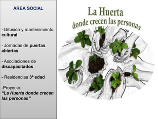 ÁREA SOCIAL

- Difusión y mantenimiento
cultural
- Jornadas de puertas
abiertas
- Asociaciones de
discapacitados
- Residencias 3ª edad
-Proyecto:
“La Huerta donde crecen
las personas”

 