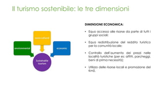 Il turismo sostenibile: le tre dimensioni
DIMENSIONE ECONOMICA:
• Equo accesso alle risorse da parte di tutti i
gruppi sociali;
• Equa redistribuzione del reddito turistico
per la comunità locale;
• Controllo dell’aumento dei prezzi nelle
località turistiche (per es: affitti, parcheggi,
beni di prima necessità);
• Utilizzo delle risorse locali e promozione del
Km0.
 