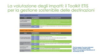 La valutazione degli impatti: il Toolkit ETIS
per la gestione sostenibile delle destinazioni
The European Tourism Indicator
System (ETIS) toolkit 2016
http://ec.europa.eu/DocsRoom/d
ocuments/21749
 