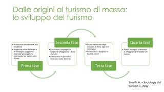 Dalle origini al turismo di massa:
lo sviluppo del turismo
• Aristocrazia decadente e alta
borghesia
• Soggiorno estivo balneare o
in montagna, soggiorno
invernale più soggiorno
intermedio (es: laghi o città
d’arte)
Prima fase
• Funzionari e impiegati in
località di villeggiatura a buon
mercato
• Aristocratici in località di
lusso (es: Costa Azzurra)
Seconda fase • Strato medio-alto degli
occupati al mare, lago o in
montagna
• Aristocratici e borghesi in
località estere
Terza fase
• Piccoli impiegati e lavoratori
in villeggiatura in località «di
massa»
Quarta fase
Savelli, A. « Sociologia del
turismo », 2012
 