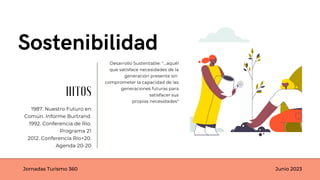 Sostenibilidad
Jornadas Turismo 360 Junio 2023
1987. Nuestro Futuro en
Común. Informe Burtrand.
1992. Conferencia de Río.
Programa 21
2012. Conferencia Río+20.
Agenda 20-20
Desarrollo Sustentable: "...aquél
que satisface necesidades de la
generación presente sin
comprometer la capacidad de las
generaciones futuras para
satisfacer sus
propias necesidades"
HITOS
 