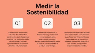 01
Medir la
Sostenibilidad
Conservación de recursos
naturales. Equilibrando la
construcción de instalaciones
turísticas y la protección de los
territorios para evitar el
agotamiento de los recursos.
¿Permite el turismo local
02 03
Beneficios económicos y
distribución de ganancias en
comunidades locales,
garantizando ingresos y
beneficios en el largo plazo sobre
la base de una actividad que
perdure en el tiempo.
Promoción de aspectos culturales
destacados de las comunidades
que ofrecen servicios turísticos a
visitantes y que se encuentran
basadas en destinos turísticos y
que pueden enriquecer la
experiencia de los turistas.
 