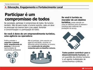 Temas transversais

4. Educação, Engajamento e Fortalecimento Local


Participar é um
                                                                     Se você é turista ou
compromisso de todos                                                 morador de um destino
Na sociedade, participar é compromisso de todos. No turismo          turístico, preste atenção em
                                                                     como se relaciona como as pessoas e
também. Não dá para mudar o turismo sozinho, cada um deve
                                                                     contribua para melhorias nas
se preocupar em exercer bem o seu papel, fomentar                    prestações de serviço.
a conscientização e a participação de todos.

Se você é dono de um empreendimento turístico,
uma agência ou operadora:

Prefira contratar e        Não só participe, como assuma um
capacitar o pessoal        papel de articulação, reunindo os
local, empoderando as      diferentes atores envolvidos no turismo
pessoas e oferecendo       para construção de soluções
oportunidades de           conjuntas para os desafios comuns.
crescimento profissional
                                                                     Todos podem contribuir para o
                                                                     desenvolvimento humano, ser
                                                                     um guardião dos direitos humanos
                                                                     e um agente multiplicador de
                                                                     conhecimentos e práticas.
 