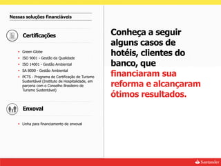 Nossas soluções financiáveis



     Certificações                                 Conheça a seguir
                                                   alguns casos de
    Green Globe
    ISO 9001 - Gestão da Qualidade
                                                   hotéis, clientes do
    ISO 14001 - Gestão Ambiental                  banco, que
                                                   financiaram sua
    SA 8000 - Gestão Ambiental
    PCTS - Programa de Certificação de Turismo
     Sustentável (Instituto de Hospitalidade, em
     parceria com o Conselho Brasileiro de         reforma e alcançaram
     Turismo Sustentável)
                                                   ótimos resultados.
     Enxoval

    Linha para financiamento de enxoval
 