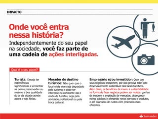 IMPACTO




Onde você entra
nessa história?
 Independentemente do seu papel
 na sociedade, você faz parte de
 uma cadeia de ações interligadas.

  Qual é o seu papel?


    Turista: Deseja ter          Morador de destino               Empresário e/ou investidor: Quer que
    experiências                 turístico: Não quer que o        seus negócios prosperem, por isso precisa zelar pelo
    significativas e encontrar   local onde vive seja degradado   desenvolvimento sustentável dos locais turísticos.
    as praias preservadas ou     pelo turismo e pode ter          Além disso, os benefícios de inserir a sustentabilidade
    mesmo a boa qualidade        interesse na constante ida e     na forma de fazer negócios podem ser muitos: ganhos
    do ar da cidade aonde        vinda de turistas, seja pela     de imagem e ampliação de mercados, alcançando
    adora ir nas férias.         atividade profissional ou pela   novos públicos e ofertando novos serviços e produtos,
                                 troca cultural.                  e até economia de custos com processos mais
                                                                  eficientes.
 