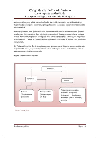 Código Mundial de Ética do Turismo
como suporte da Gestão da
Paisagem Protegida da Serra de Montejunto
Rui Lourenço Pires Página 16
pessoa, qualquer que seja a sua nacionalidade, que reside num país e que se desloca a um
lugar situado nesse país e cujo motivo principal da visita não seja de aí exercer uma actividade
remunerada.»
Com isto podemos dizer que os visitantes dividem-se em Nacionais e Internacionais, que são
usados para fins estatísticos, logo o visitante Internacional, é designado por todas as pessoas
que se deslocam num país que não aquele onde tem a sua residência habitual, por um período
não superior a 12 meses, e cujo motivo principal da visita não seja o de exercer uma actividade
remunerada.
Os Visitantes Internos, são designados por, toda a pessoa que se desloca, por um período não
superior a 12 meses, no país de residência, e cujo motivo principal de visita não seja o de aí
exercer uma actividade remunerada.
Figura 1: Definições de viajantes
Fonte: Fonte própria
Viajantes
Visitantes
Turistas
(Visitantes que
pernoitam)
Outros
Excursionistas
(Visitantes por
um dia)
Viajantes remunerados
Nómadas Refugiados
Imigrantes Diplomatas
Membros (Forças Armadas)
Artistas
 