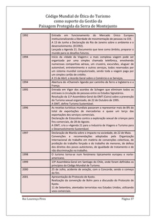 Código Mundial de Ética do Turismo
como suporte da Gestão da
Paisagem Protegida da Serra de Montejunto
Rui Lourenço Pires Página 37
1992 Entrada em funcionamento do Mercado Único Europeu
institucionalizando a liberdade de movimentação de pessoas na CEE.
A 13 de Junho a Declaração do Rio de Janeiro sobre o ambiente e o
desenvolvimento. (ECO92).
Lançada a Agenda 21. Documento que teve como âmbito, preparar o
mundo para os desafios futuros.
1994 Início da «Idade da Viagem»: a mais complexa viagem pode ser
organizada por uma simples chamada telefónica, envolvendo
numerosas companhias aéreas, um cruzeiro, excursões, aluguer de
automóvel, entretenimento e outros serviços, todos reservados por
um sistema mundial computorizado, sendo toda a viagem paga por
um simples cartão de crédito.
A 15 de Abril, o Acordo Geral sobre o Comércio e os Serviços.
1994 Abertura do «Channel» ligando por caminho de ferro a Inglaterra e a
França.
1995 Entrada em Vigor dos acordos de Schegen que eliminam todos os
entraves à circulação de pessoas entre os Estados Signatários.
Resolução da 11ª Assembleia-Geral da OMT (Cairo) sobre a prevenção
do Turismo sexual organizado, de 22 de Outubro de 1995.
A OMT, define Turismo Sustentável.
1996 As receitas turísticas mundiais passaram a representar mais de 8% do
total de exportações de mercadorias e quase um terço das
exportações dos serviços comerciais.
Declaração de Estocolmo contra a exploração sexual de crianças para
fins comerciais, de 28 de Agosto.
A OMT, cria a «Agenda 21 para a Industria de Viagens e Turismo para
o Desenvolvimento Sustentável.
1997 Declaração de Manila sobre o impacto na sociedade, de 22 de Maio.
Convenções e recomendações adoptadas pela Organização
Internacional do trabalho em matéria de convenções colectivas, de
proibição do trabalho forçado e do trabalho de menores, de defesa
dos direitos dos povos autóctones, de igualdade de tratamento e de
não discriminação no trabalho.
1998 O turismo torna-se num fenómeno tipicamente europeu e norte-
americano.
1999 13ª Assembleia-Geral em Santiago do Chile, onde foram definidos os
princípios do Código Mundial de Turismo.
2000 25 de Julho, acidente de aviação, com o Concorde, sendo o começo
do fim.
2001 Apresentação do Protocolo de Kyoto.
Realização da convenção de Bohn para a discussão do Protocolo de
Kyoto.
11 de Setembro, atentados terroristas nos Estados Unidos, utilizando
voos comerciais.
 