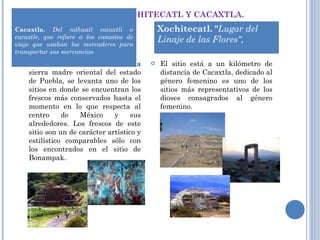 ZONA ARQUEOLÓGICA XOCHITECATL Y CACAXTLA. En la cima de una colina de la sierra madre oriental del estado de Puebla, se levanta uno de los sitios en donde se encuentran los frescos más conservados hasta el momento en lo que respecta al centro de México y sus alrededores. Los frescos de este sitio son un de carácter artístico y estilístico comparables sólo con los encontrados en el sitio de Bonampak. El sitio está a un kilómetro de distancia de Cacaxtla, dedicado al género femenino es uno de los sitios más representativos de los dioses consagrados al género femenino. Cacaxtla.  Del náhuatl cacaxtli o cacaxtle, que refiere a los canastos de viaje que usaban los mercaderes para transportar sus mercancia s Xochitecatl. " Lugar del Linaje de las Flores",   